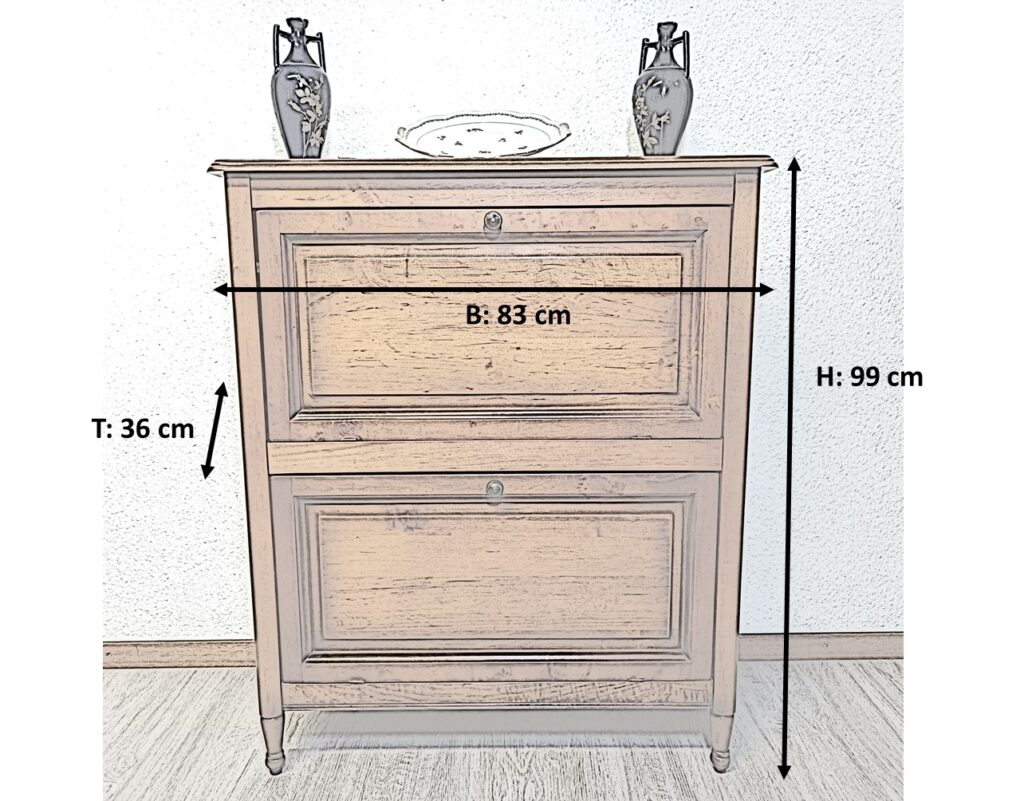 alter Schuhschrank aus Kirschholz mit Maßen