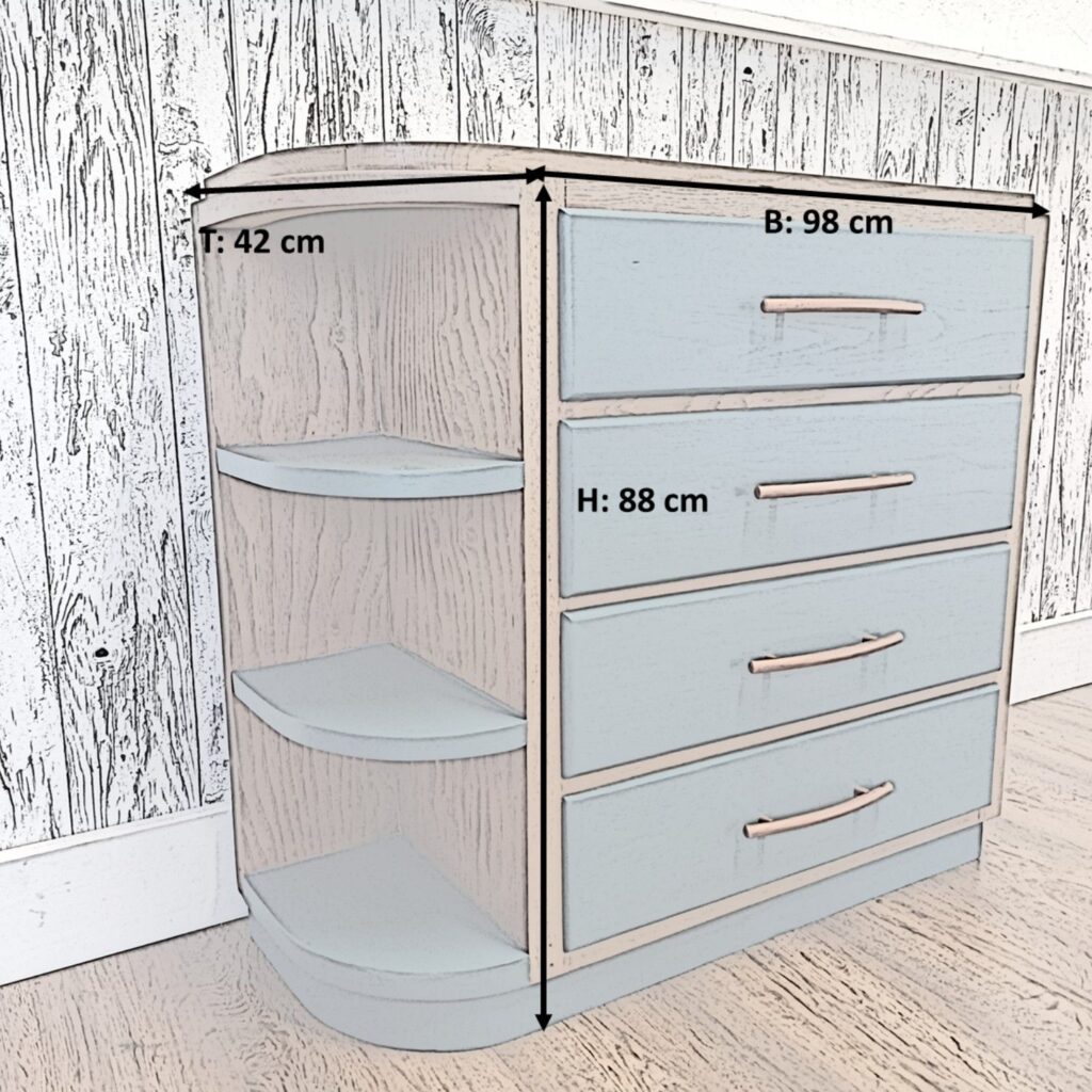 Holzkommode mit 4 Schubladen in blau und Kupfergriffen, links 3 Regale mit Maßen